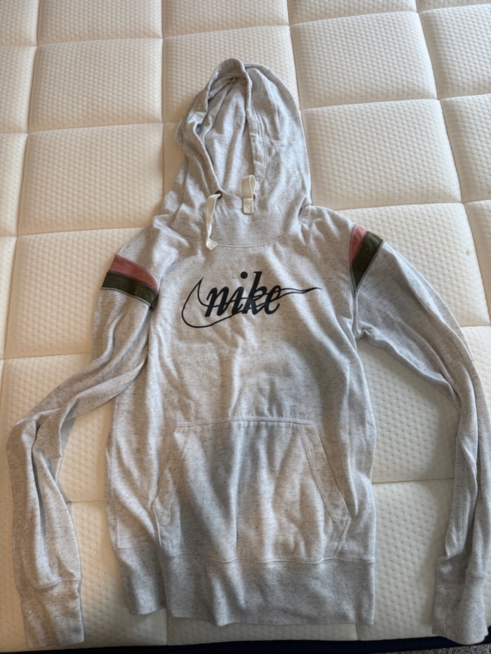 Nike Light Gray Hoodie with Black Logo and Pink & Olive Shoulder Stripes